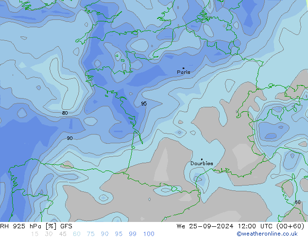 RH 925 hPa GFS We 25.09.2024 12 UTC