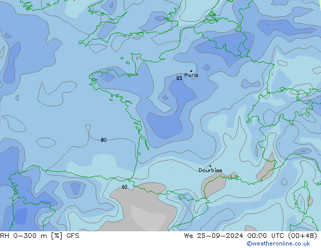 Humedad rel. 0-300m GFS mié 25.09.2024 00 UTC