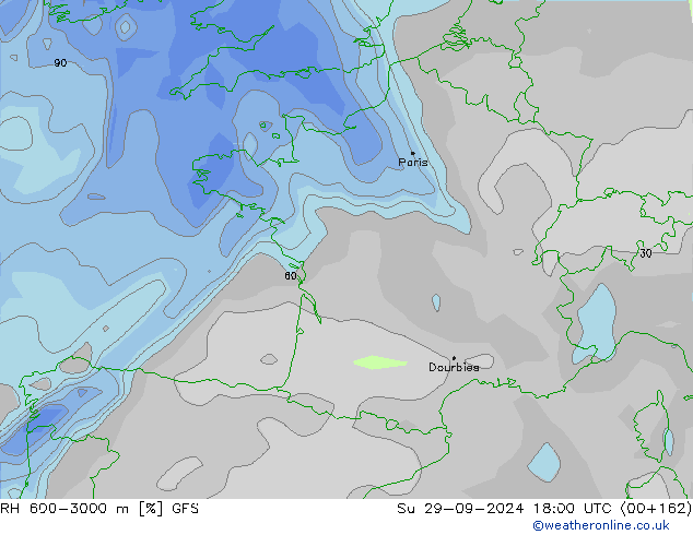 RH 600-3000 m GFS dom 29.09.2024 18 UTC