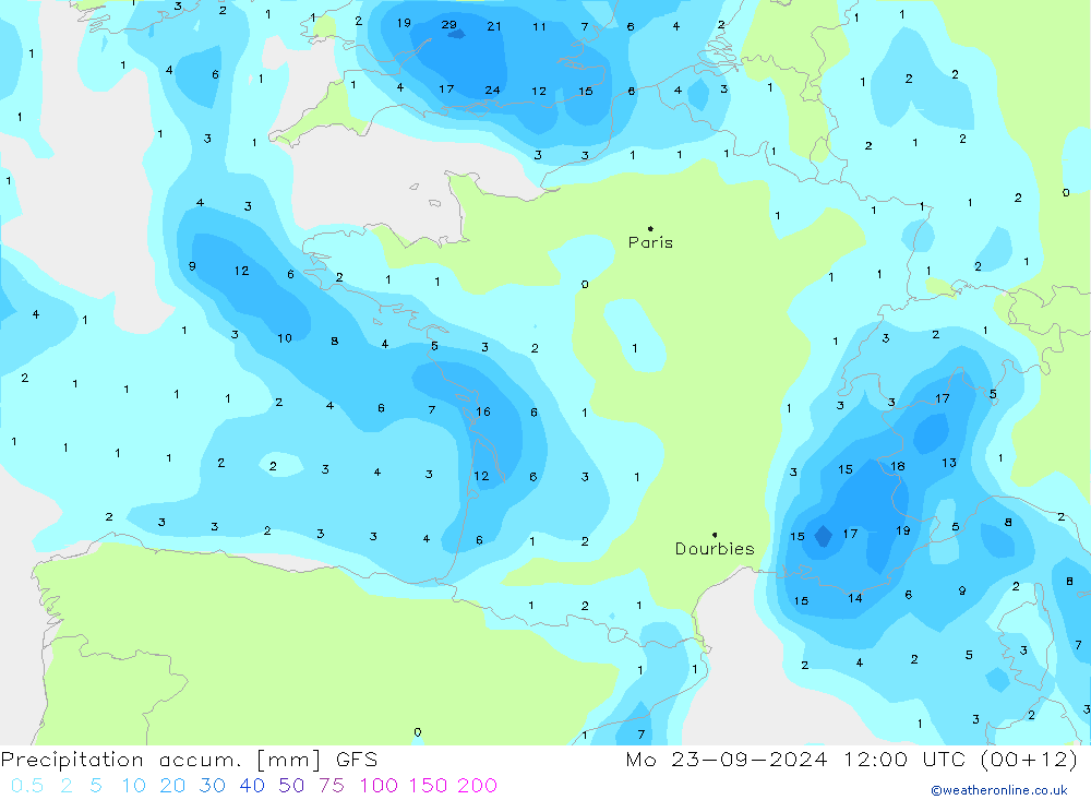 Precipitation accum. GFS Mo 23.09.2024 12 UTC