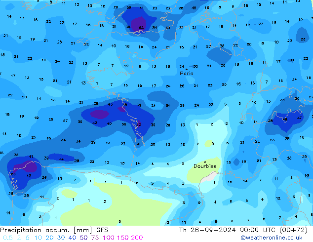 Precipitation accum. GFS Th 26.09.2024 00 UTC