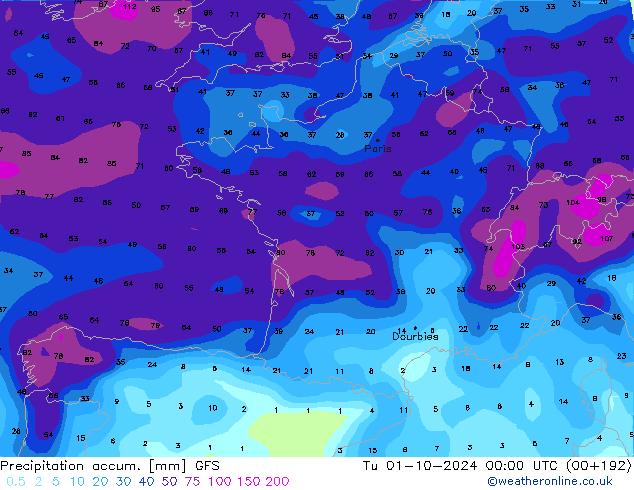 Precipitación acum. GFS mar 01.10.2024 00 UTC