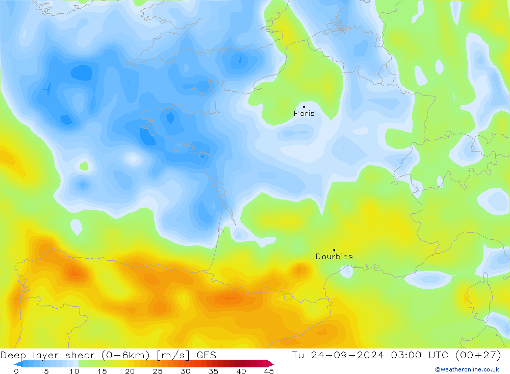 Deep layer shear (0-6km) GFS Di 24.09.2024 03 UTC