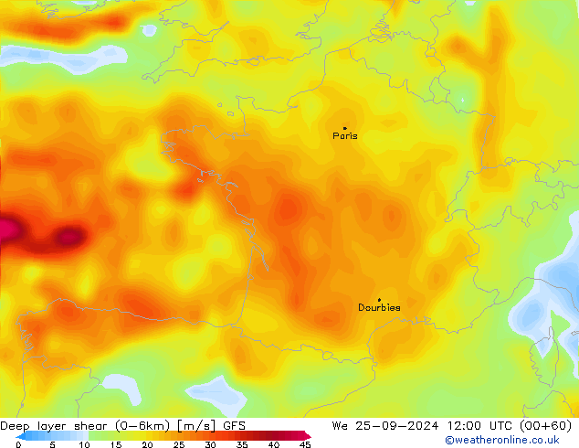 Deep layer shear (0-6km) GFS Mi 25.09.2024 12 UTC