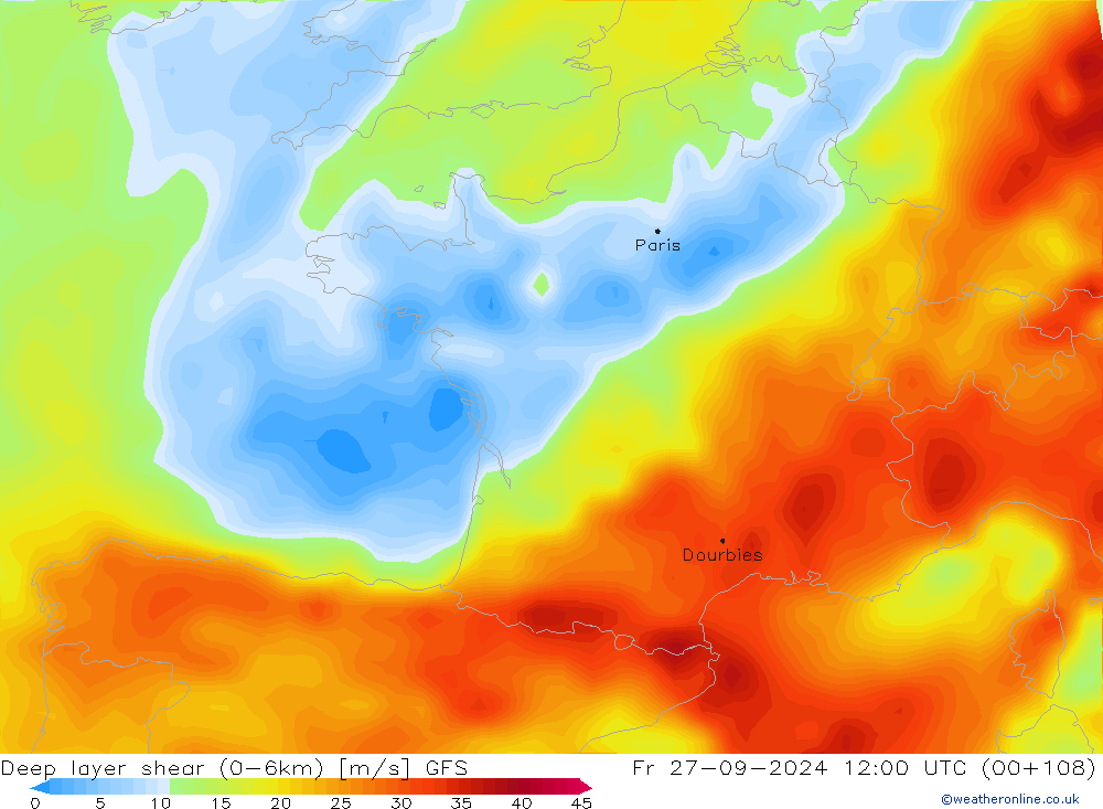 Deep layer shear (0-6km) GFS Cu 27.09.2024 12 UTC