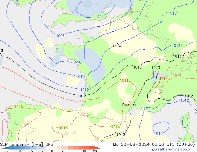 SLP tendency GFS Mo 23.09.2024 06 UTC