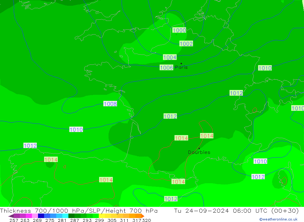 Thck 700-1000 hPa GFS Tu 24.09.2024 06 UTC