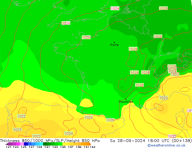 Thck 850-1000 hPa GFS Sa 28.09.2024 18 UTC