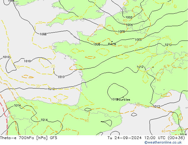 Theta-e 700hPa GFS Tu 24.09.2024 12 UTC
