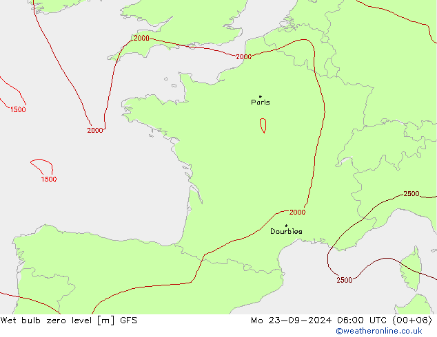 Wet bulb zero level GFS pon. 23.09.2024 06 UTC