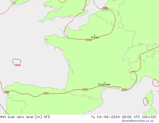Wet bulb zero level GFS Tu 24.09.2024 09 UTC