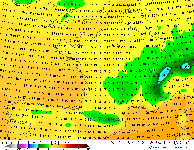 Min. Temperatura (2m) GFS śro. 25.09.2024 06 UTC