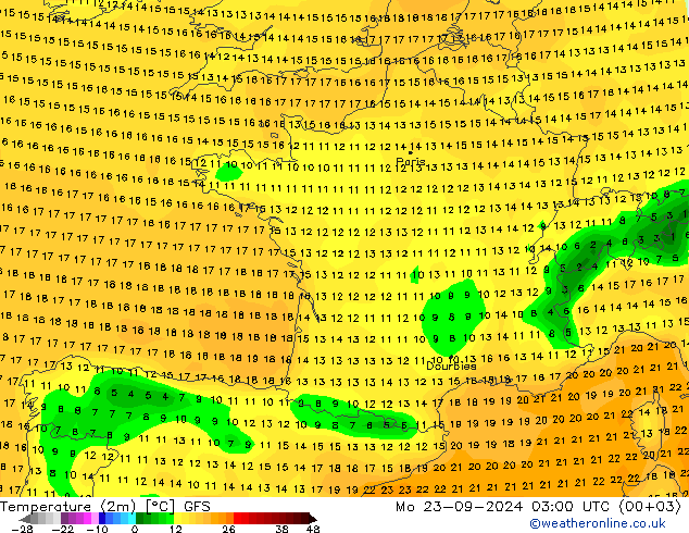 mapa temperatury (2m) GFS pon. 23.09.2024 03 UTC