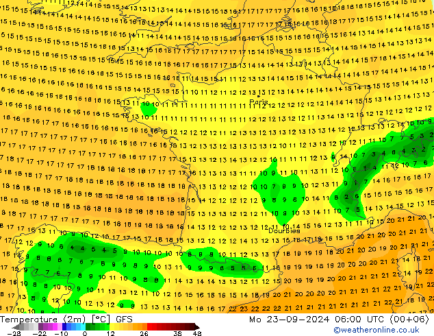 Temperaturkarte (2m) GFS Mo 23.09.2024 06 UTC