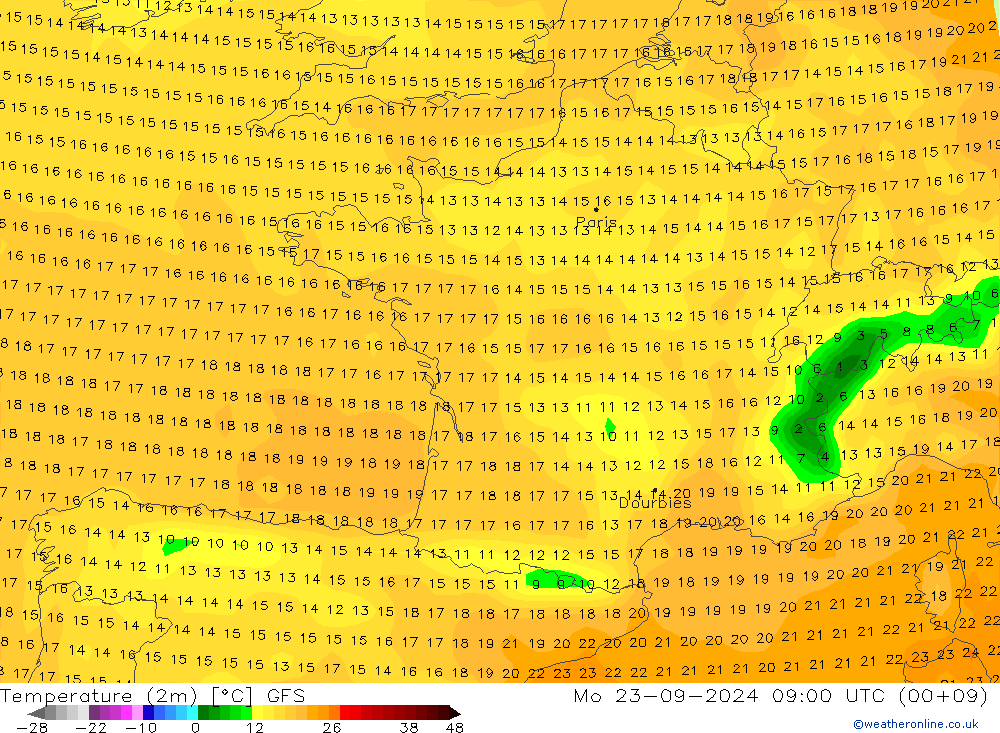 Temperatuurkaart (2m) GFS ma 23.09.2024 09 UTC