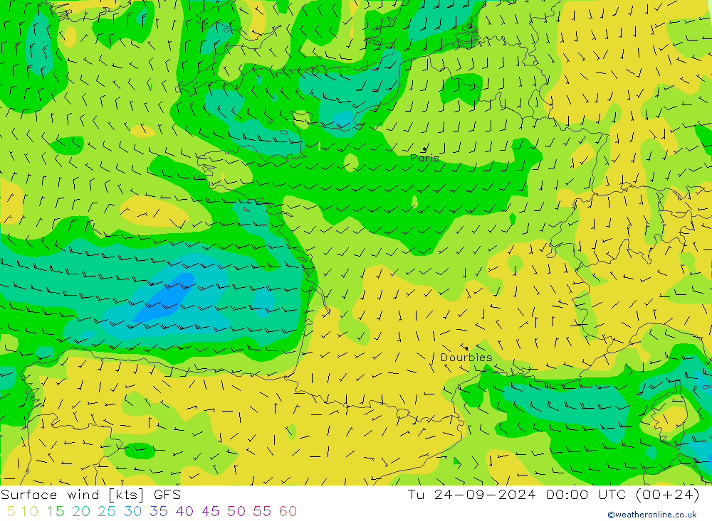 Surface wind GFS Tu 24.09.2024 00 UTC