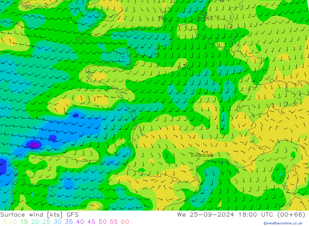 ветер 10 m GFS ср 25.09.2024 18 UTC