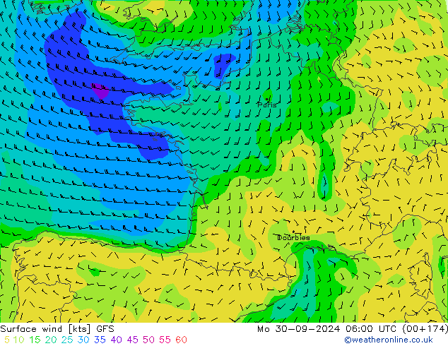 Vento 10 m GFS lun 30.09.2024 06 UTC