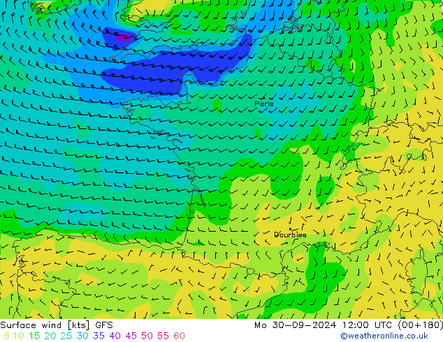 Viento 10 m GFS lun 30.09.2024 12 UTC