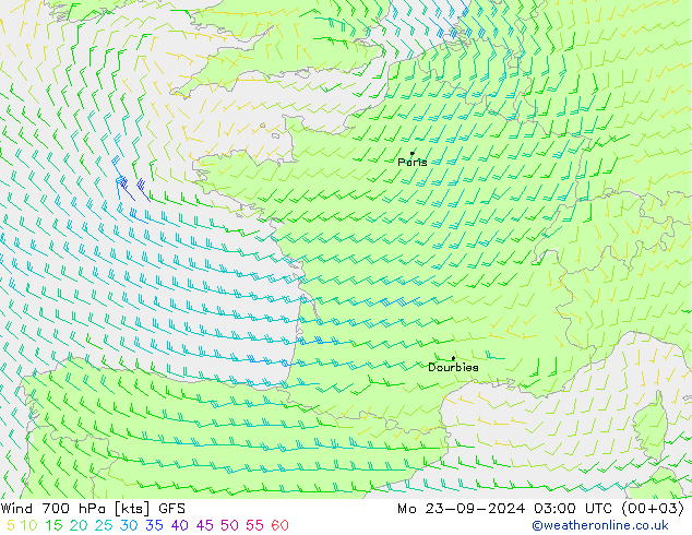 Vento 700 hPa GFS lun 23.09.2024 03 UTC