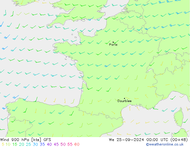 wiatr 900 hPa GFS śro. 25.09.2024 00 UTC