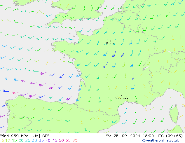 Wind 950 hPa GFS We 25.09.2024 18 UTC