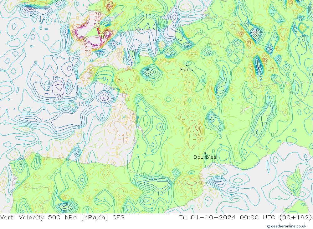 Vert. Velocity 500 hPa GFS Ter 01.10.2024 00 UTC