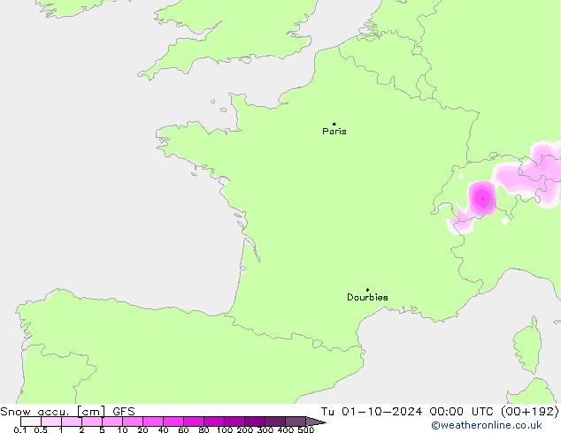 Snow accu. GFS wto. 01.10.2024 00 UTC