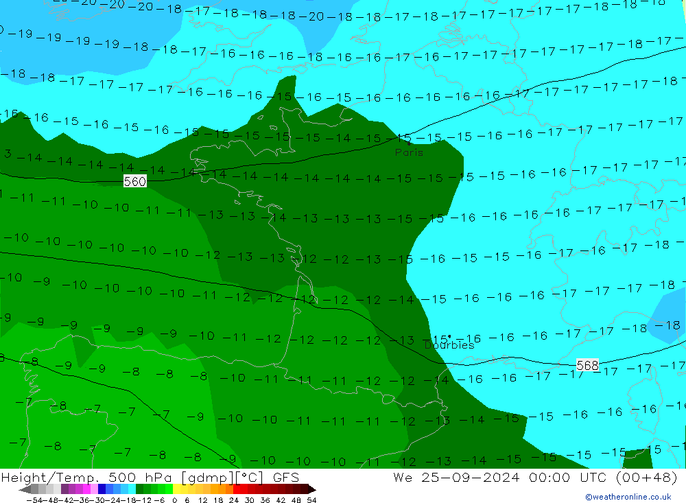 Géop./Temp. 500 hPa GFS mer 25.09.2024 00 UTC