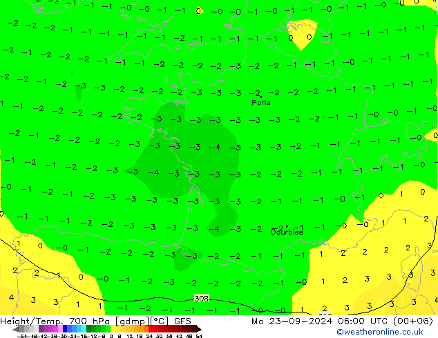 Geop./Temp. 700 hPa GFS lun 23.09.2024 06 UTC