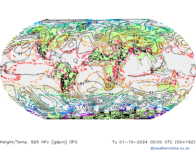 Height/Temp. 925 hPa GFS Út 01.10.2024 00 UTC