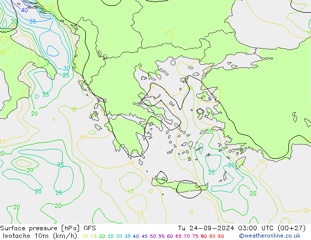 Isotachen (km/h) GFS Di 24.09.2024 03 UTC