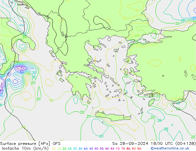 Isotachs (kph) GFS Sa 28.09.2024 18 UTC