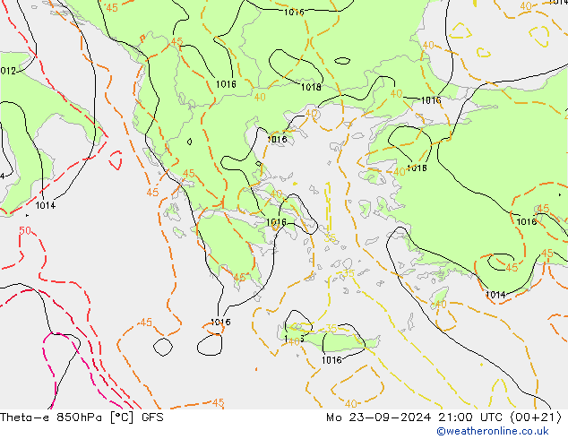 Theta-e 850hPa GFS ma 23.09.2024 21 UTC