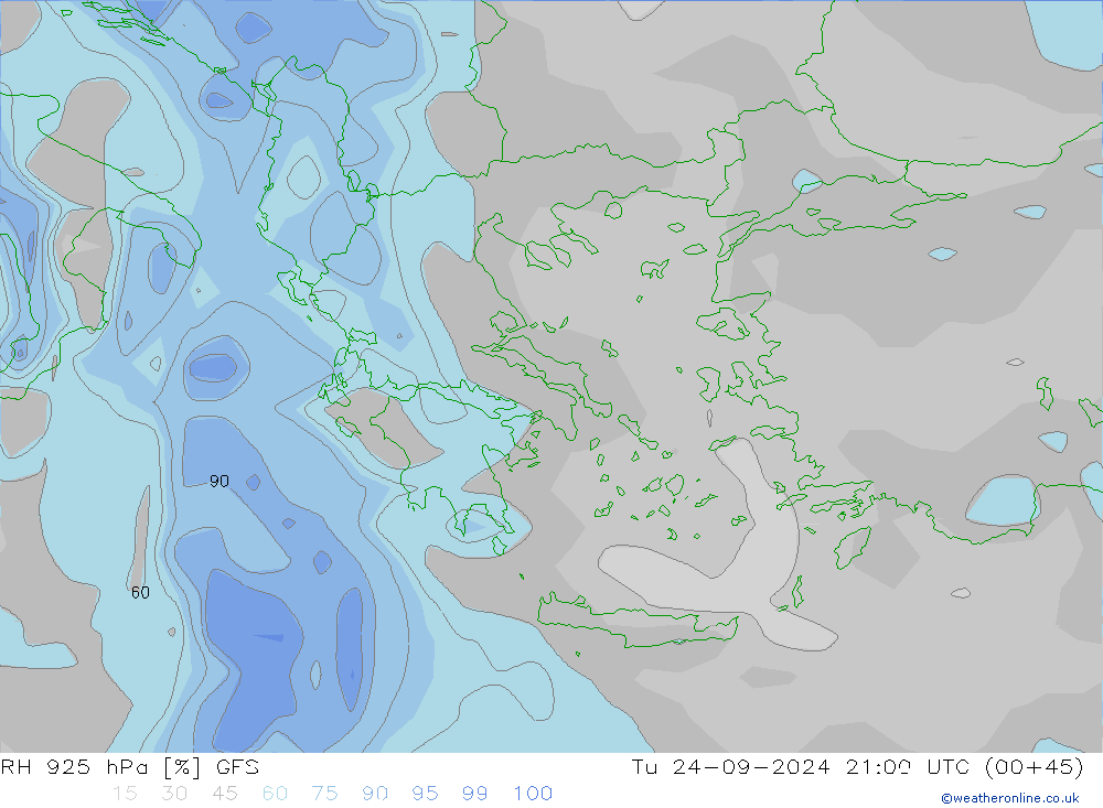 Humidité rel. 925 hPa GFS mar 24.09.2024 21 UTC