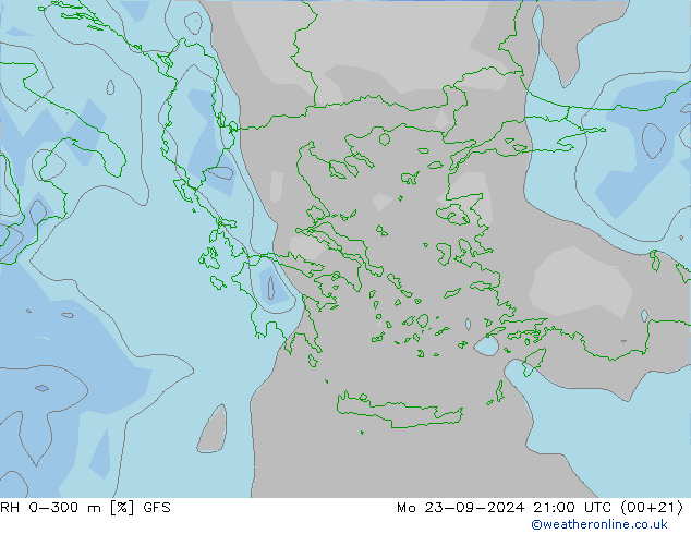 Humedad rel. 0-300m GFS lun 23.09.2024 21 UTC