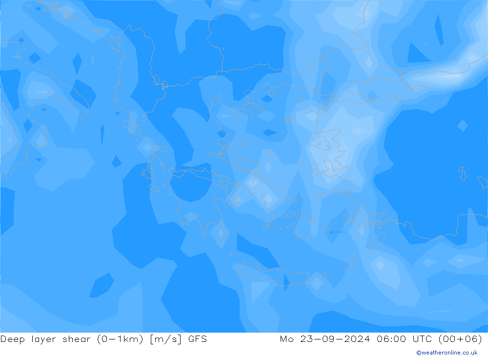 Deep layer shear (0-1km) GFS пн 23.09.2024 06 UTC