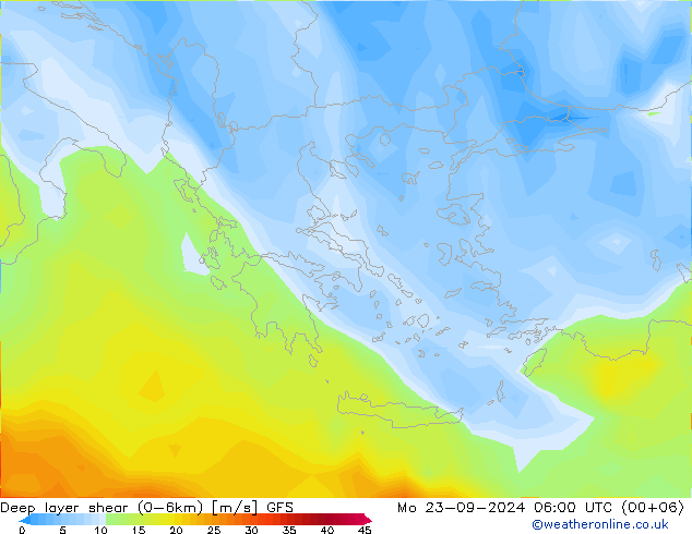 Deep layer shear (0-6km) GFS пн 23.09.2024 06 UTC