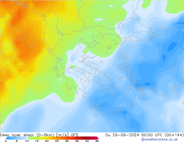 Deep layer shear (0-6km) GFS Paz 29.09.2024 00 UTC