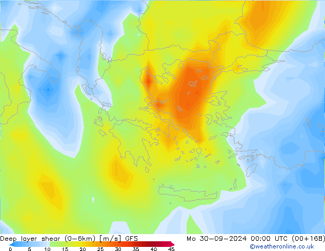 Deep layer shear (0-6km) GFS pon. 30.09.2024 00 UTC