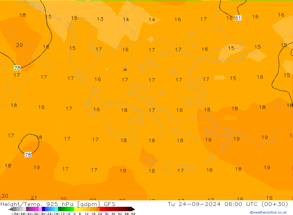 Height/Temp. 925 hPa GFS Tu 24.09.2024 06 UTC