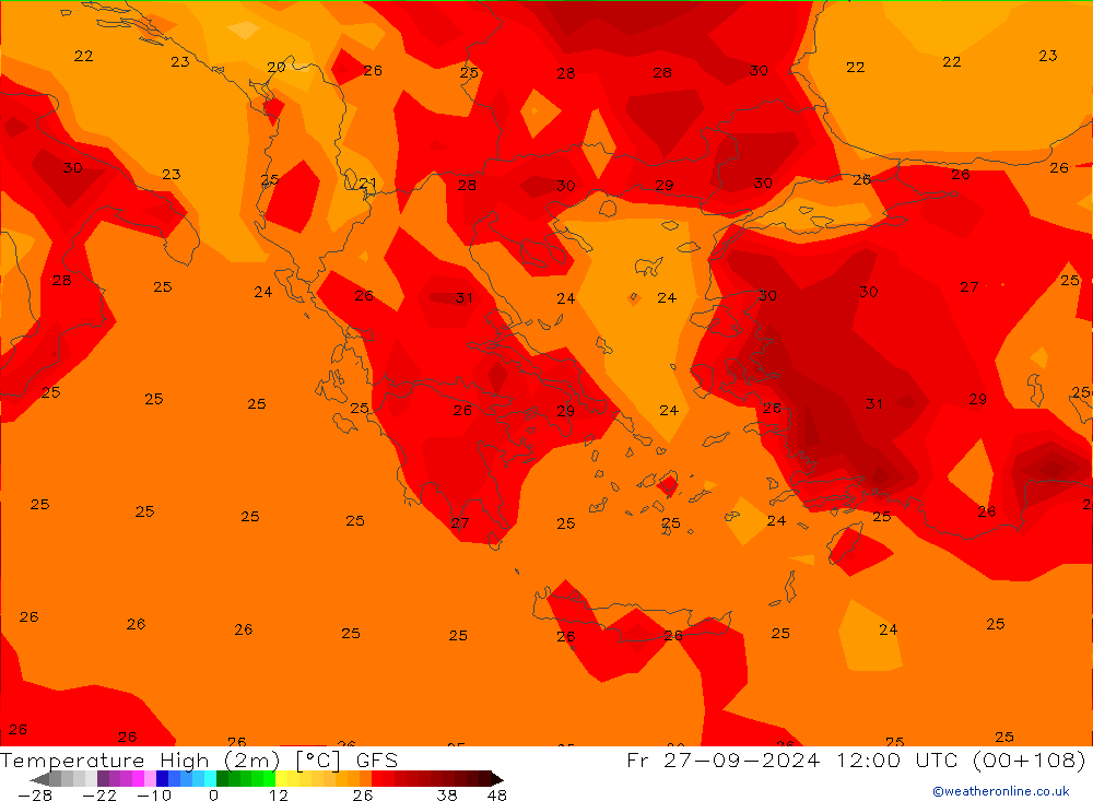 Темпер. макс 2т GFS пт 27.09.2024 12 UTC