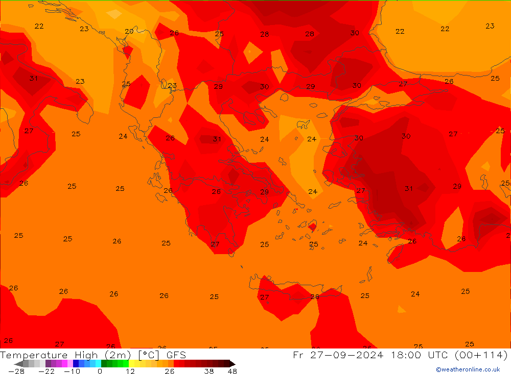 Maksimum Değer (2m) GFS Cu 27.09.2024 18 UTC