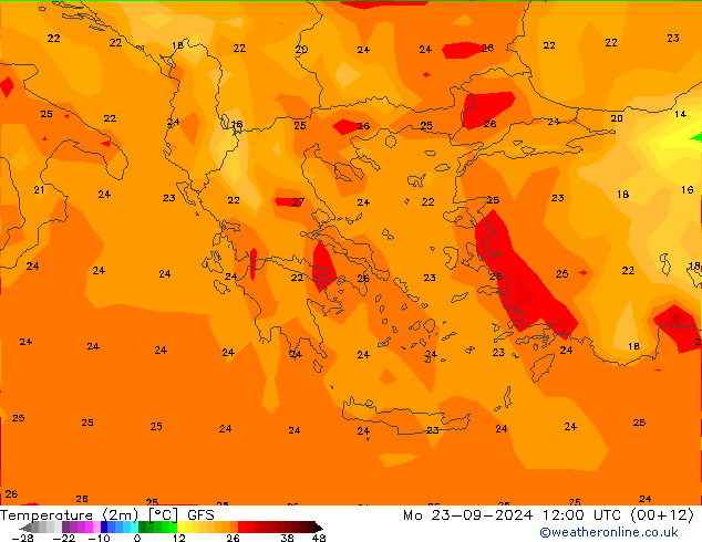 Sıcaklık Haritası (2m) GFS Pzt 23.09.2024 12 UTC