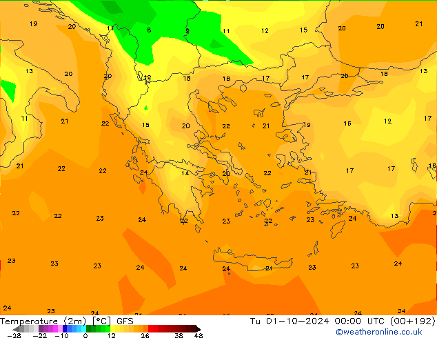 Temperatuurkaart (2m) GFS di 01.10.2024 00 UTC