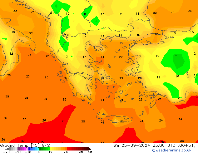 Temperatura del suelo GFS mié 25.09.2024 03 UTC