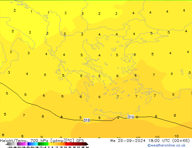 Height/Temp. 700 hPa GFS We 25.09.2024 18 UTC