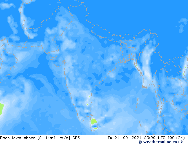 Deep layer shear (0-1km) GFS Tu 24.09.2024 00 UTC