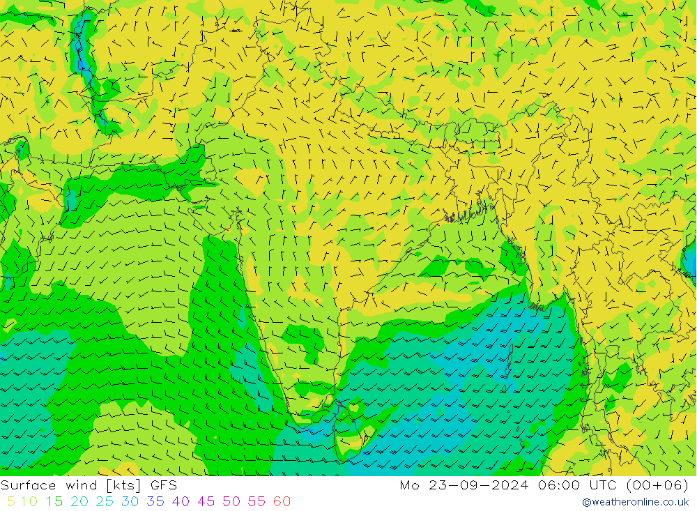 wiatr 10 m GFS pon. 23.09.2024 06 UTC