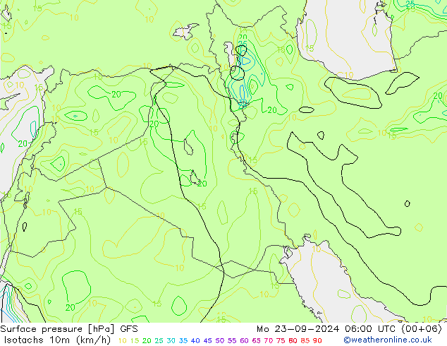 Isotaca (kph) GFS lun 23.09.2024 06 UTC